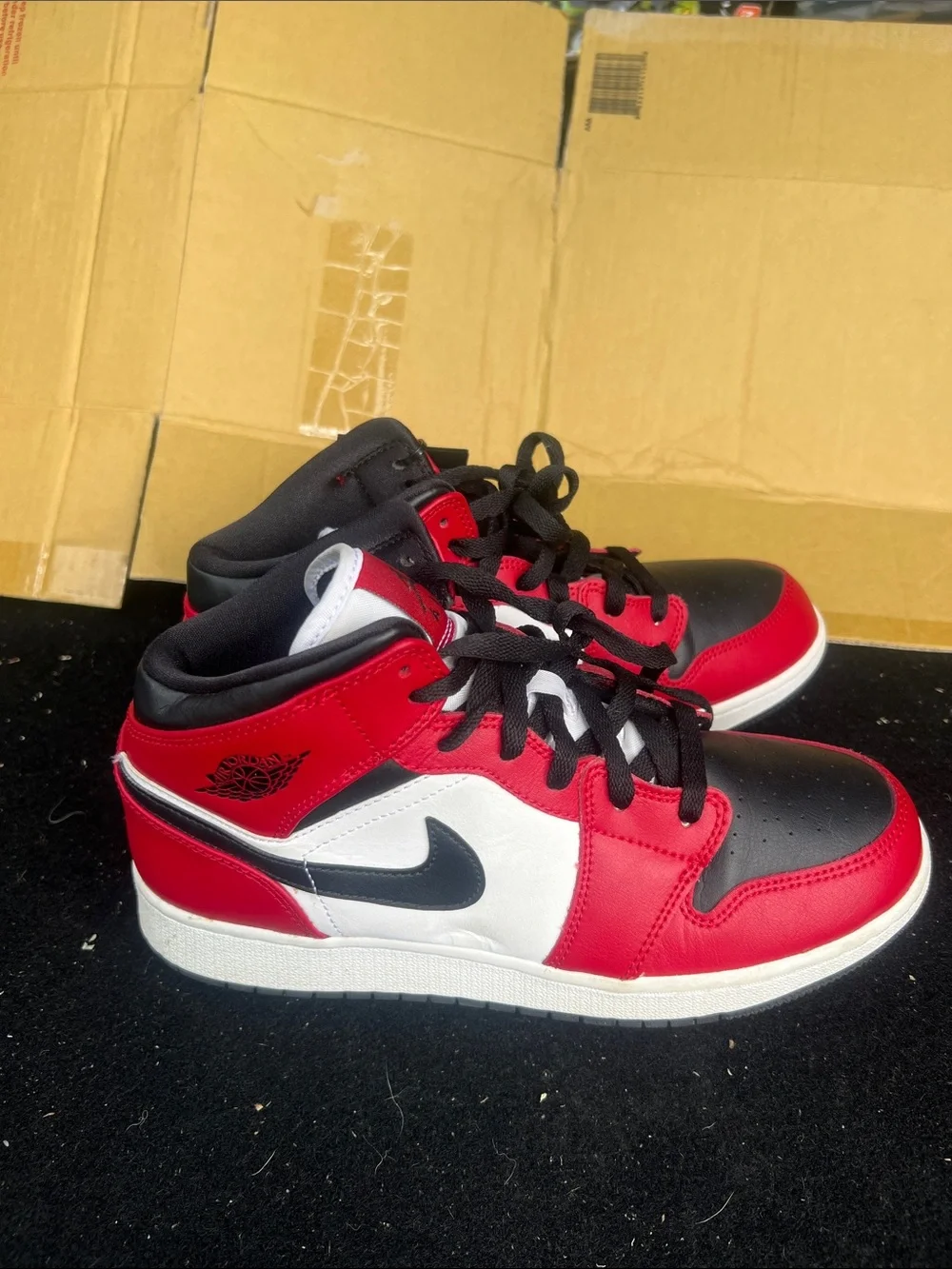 Nike Kids Red Black White Mid-Top Sneakers with Black Swoosh